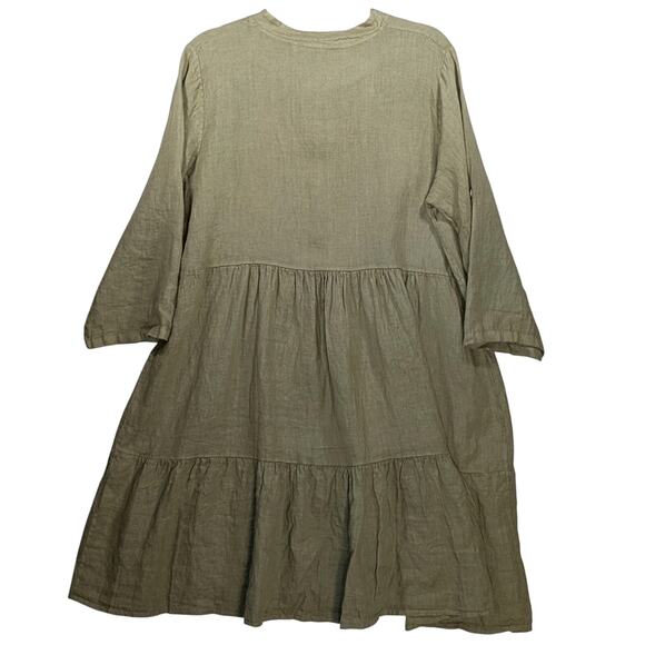 NWT Bellambra Italy Linen Dress M Olive Babydoll Tiered Roll Tab Oversized - Picture 3 of 15
